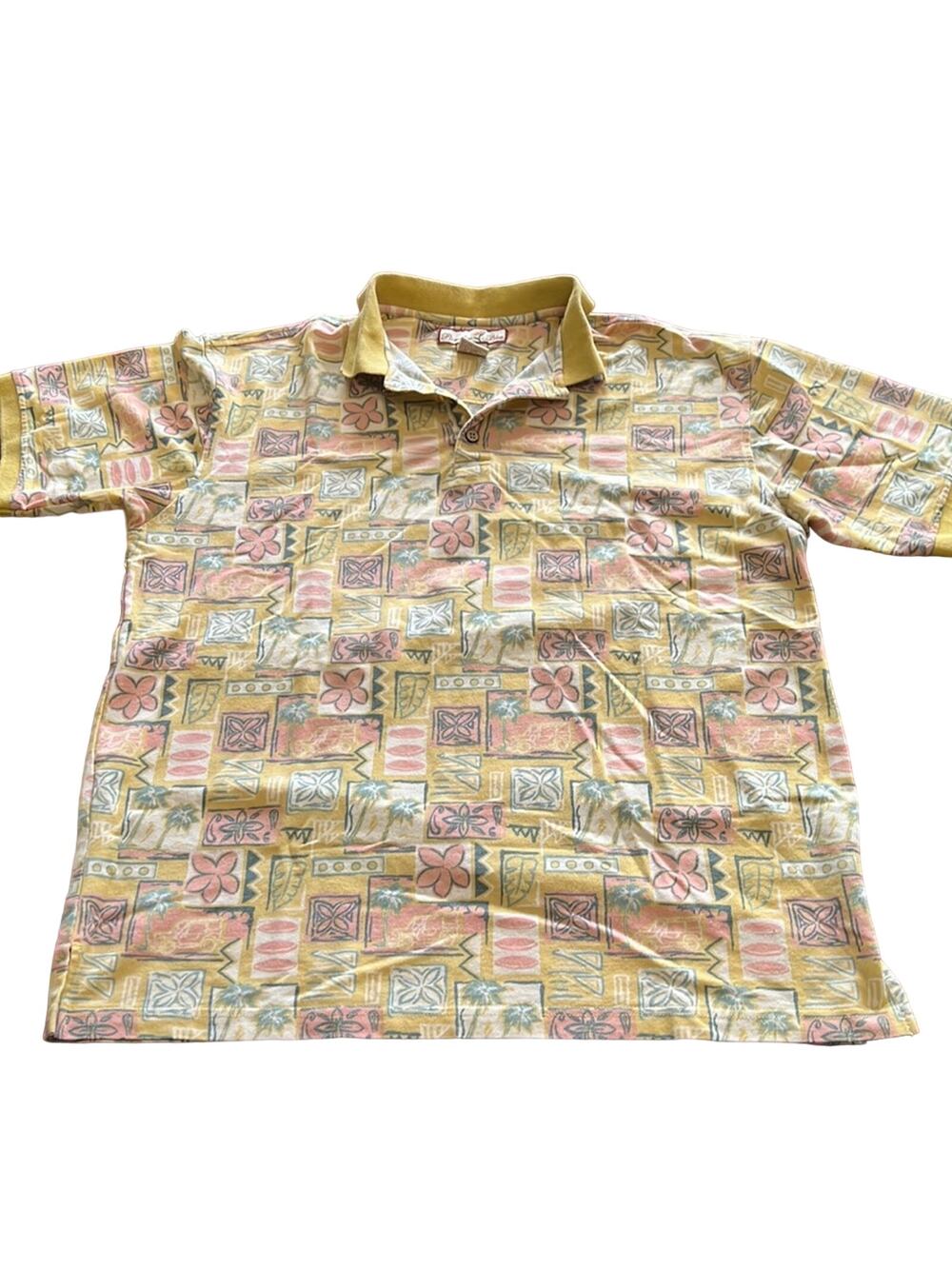 Paradise Blue Multicolor Tropical Print Knit Golf Shirt Polo Mens Size Large